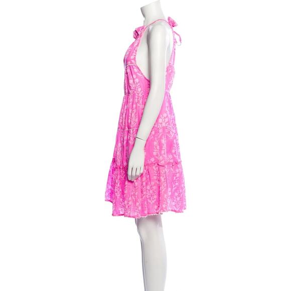 Juliet Dunn Pink Floral Sleeveless Halter Ruffle Tiered Swing Mini Sun Dress 2 - Picture 3 of 10